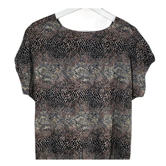 For Cynthia Linen Blend Brown Animal Print Blouse PL | V Neck Fall Top - Picture 5 of 9